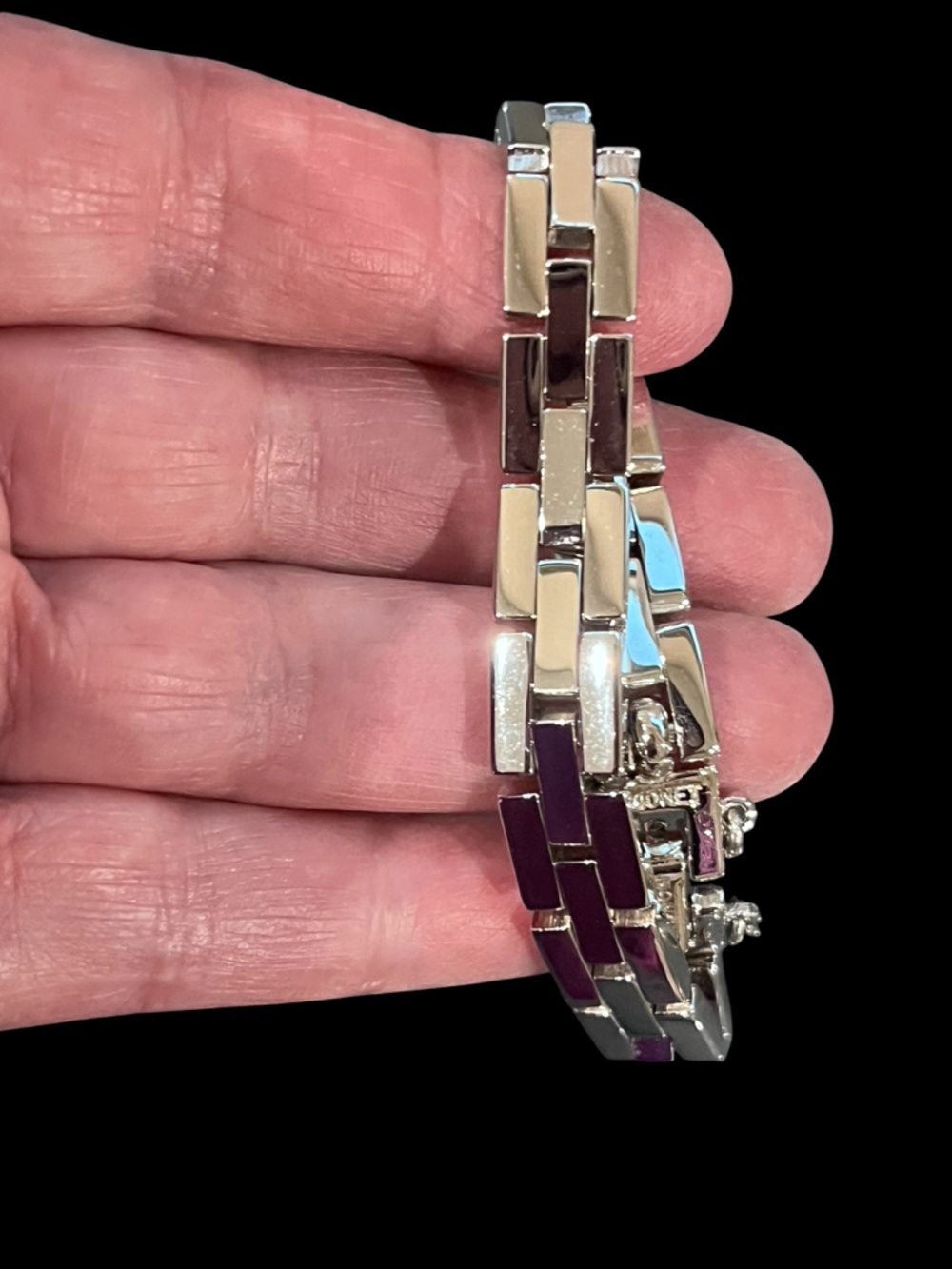 Monet Vintage Shiny Silver Link Bracelet with Foldover Latch and Safety Chain